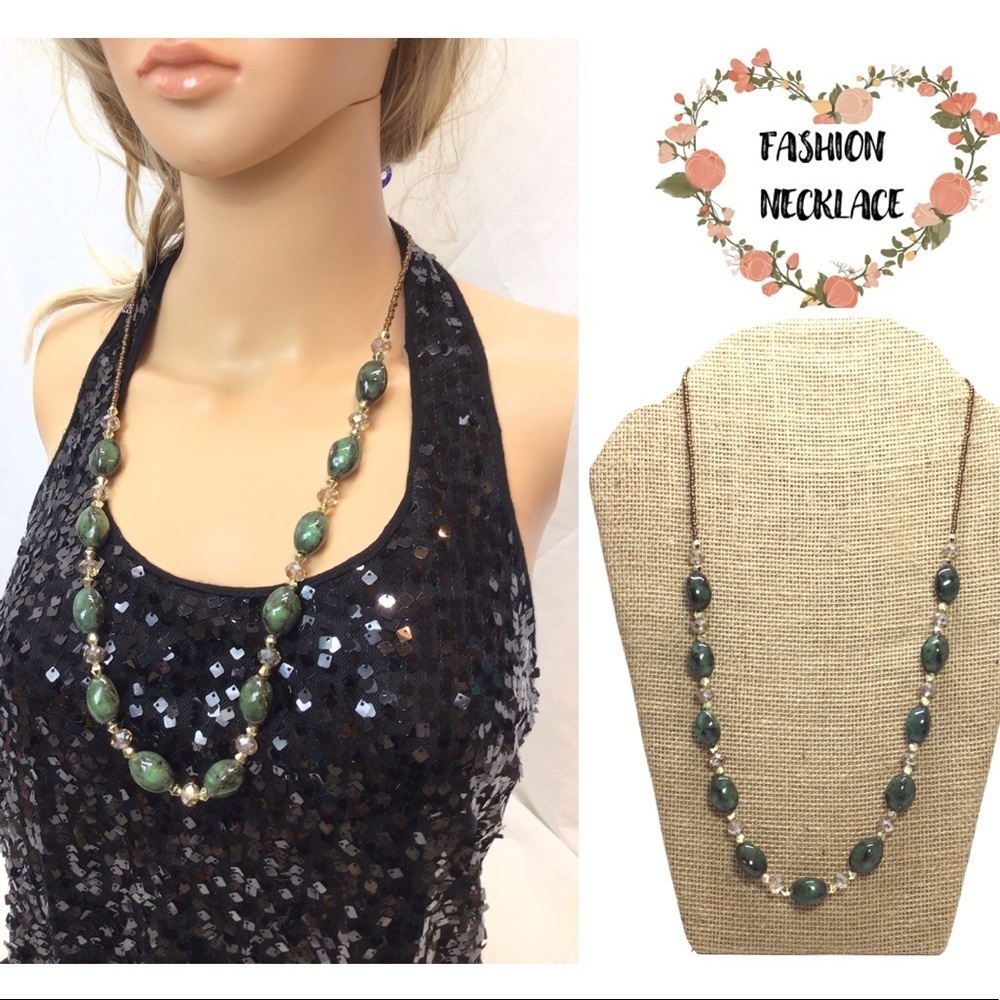 Fashion Green Marbled Beaded Opera Length Necklace
